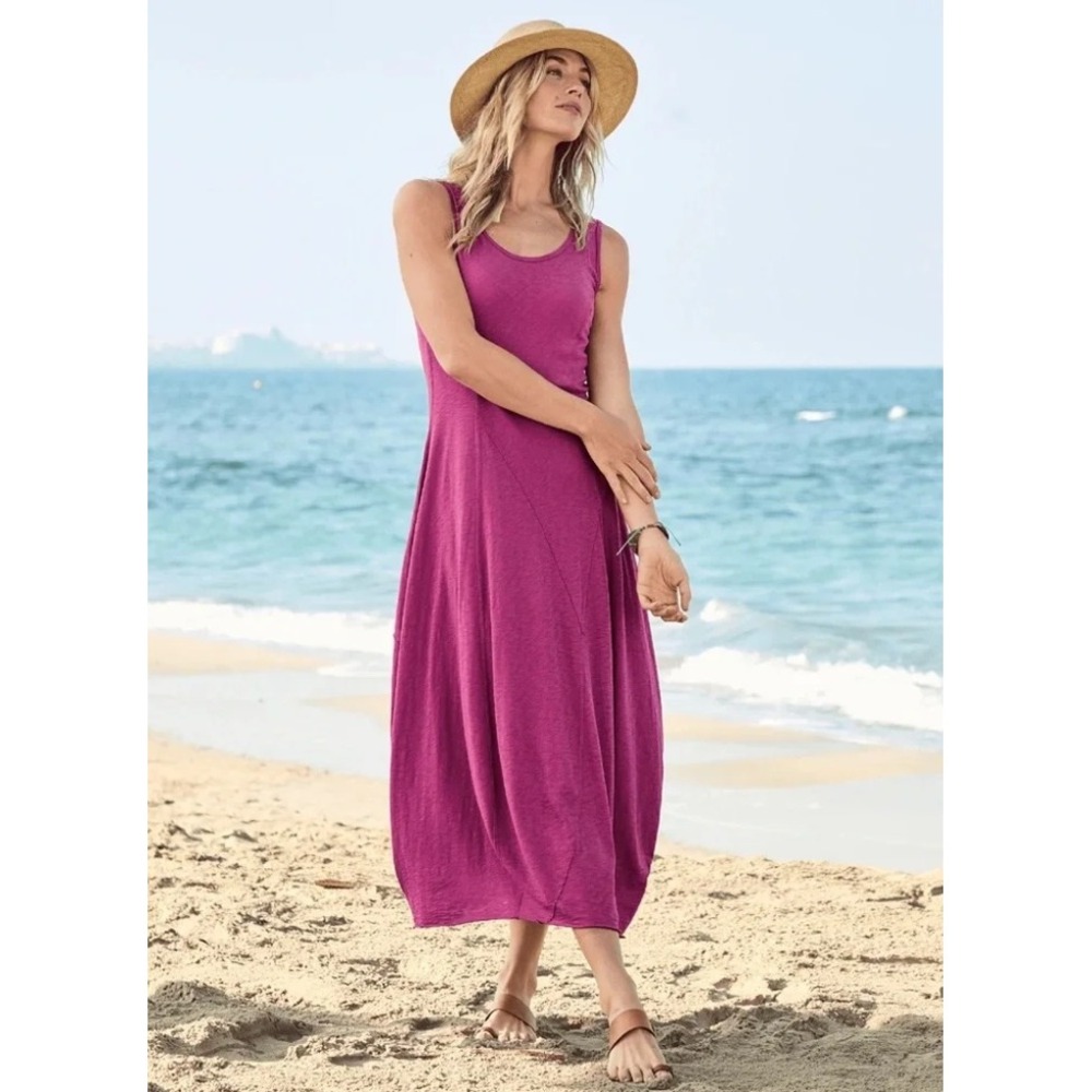 Peruvian Connection Dress Size S Pink Cotton Slub Knit Balloon Lagenlook Midi